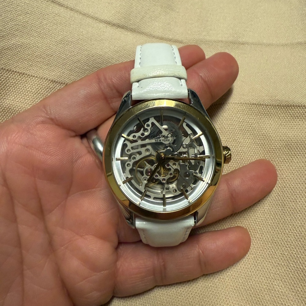 Kenneth Cole White Leather Strap Skeleton Watch two tone chronograph